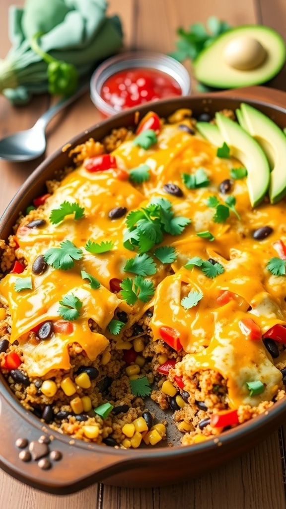A baked Mexican quinoa casserole with cheese, black beans, corn, and bell peppers, garnished with cilantro and avocado.